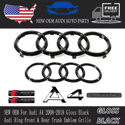 New AUDI A4 Emblem Gloss Black Grille Trunk Ring S line Rear Quattro Badge 6PCS