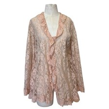Vintage 60s Sheer Lace Bed Jacket Hydene Pink Nylon Lingerie Robe Small