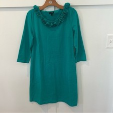 Talbots Dress Turquoise Ruffle Neckline Cotton 3/4 Sleeve Casual Colorful SZ M