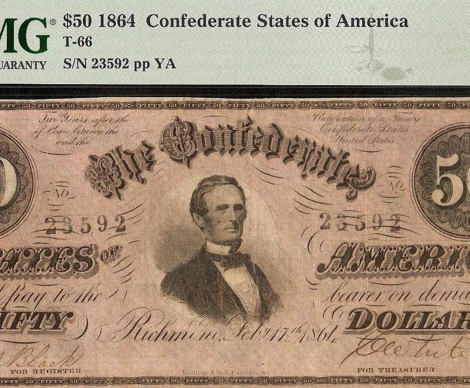 1864 $50 BILL CONFEDERATE STATES NOTE CIVIL WAR MONEY BLACK & WHITE T-66 PMG 30 - Image 3 of 3