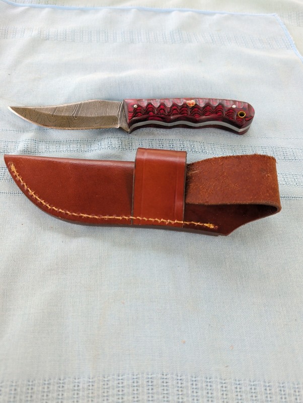 Damascus hunting knife w/ red Handle