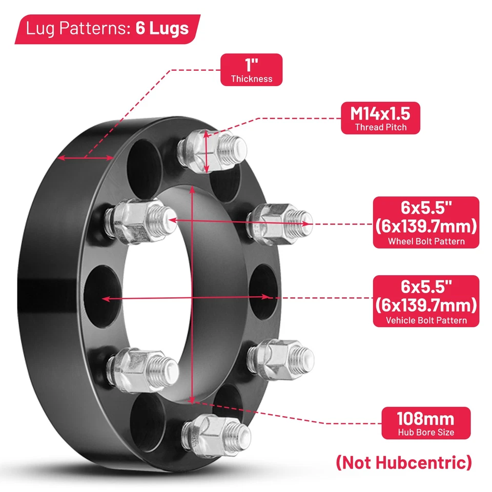 4pcs 1 Inch 6x5.5 Wheel Spacers M14x1.5 For 1996-2006 Chevrolet Express 2500 - Image 2 of 4