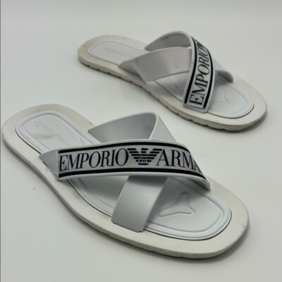 Emporio Armani Men's Slide Sandals Blue White Criss Cross Straps Slip On 