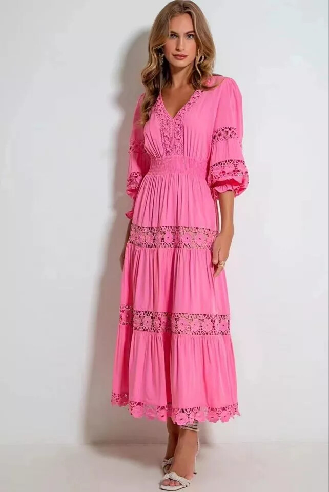 Vestido Maxi Largo Rosa De Encaje Boho Bohemio Svasado 21527