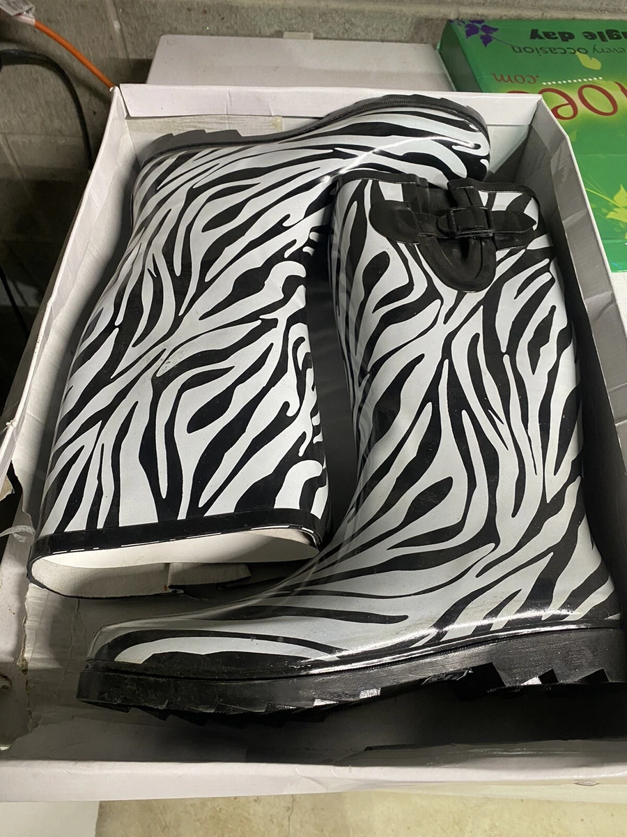 Daily Shoes Womens Rain Boots Rubber Slip On Zebra Print Size 12