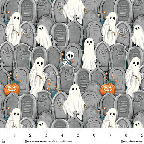 GHOSTS IN THE GRAVEYARD BY HENRY GLASS GLOW IN THE DARK TOMBSTONES FABRIC HY