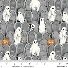 GHOSTS IN THE GRAVEYARD BY HENRY GLASS GLOW IN THE DARK TOMBSTONES FABRIC HY