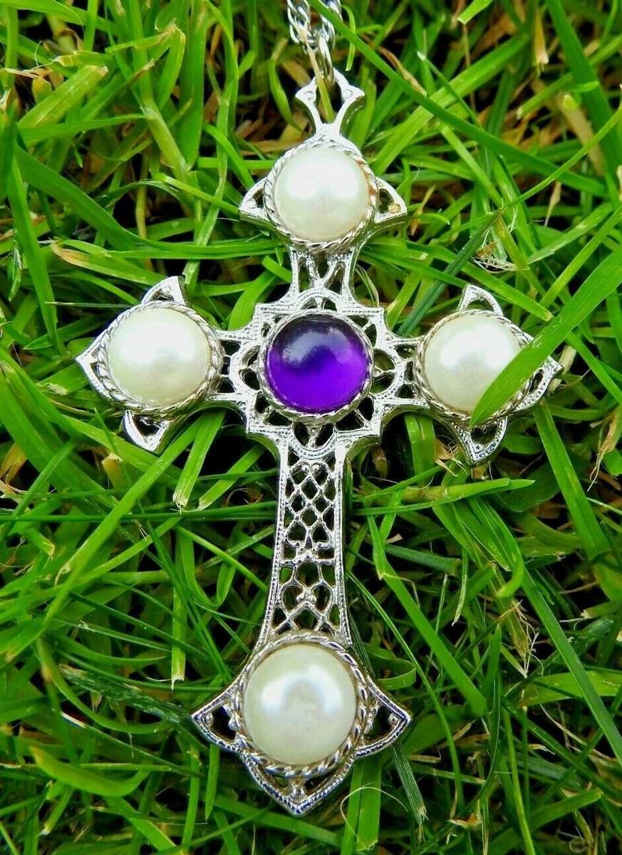 Vintage Signed Sarah Coventry Purple Faux Pearl Large Silver Cross