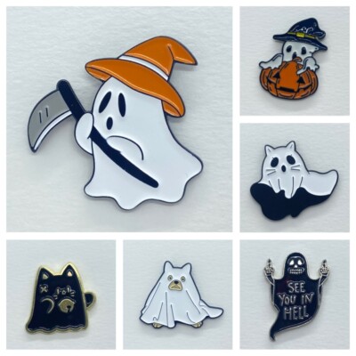 6er Set Geist Metall Emaille Pin Anstecker Kürbisse Katze Hund