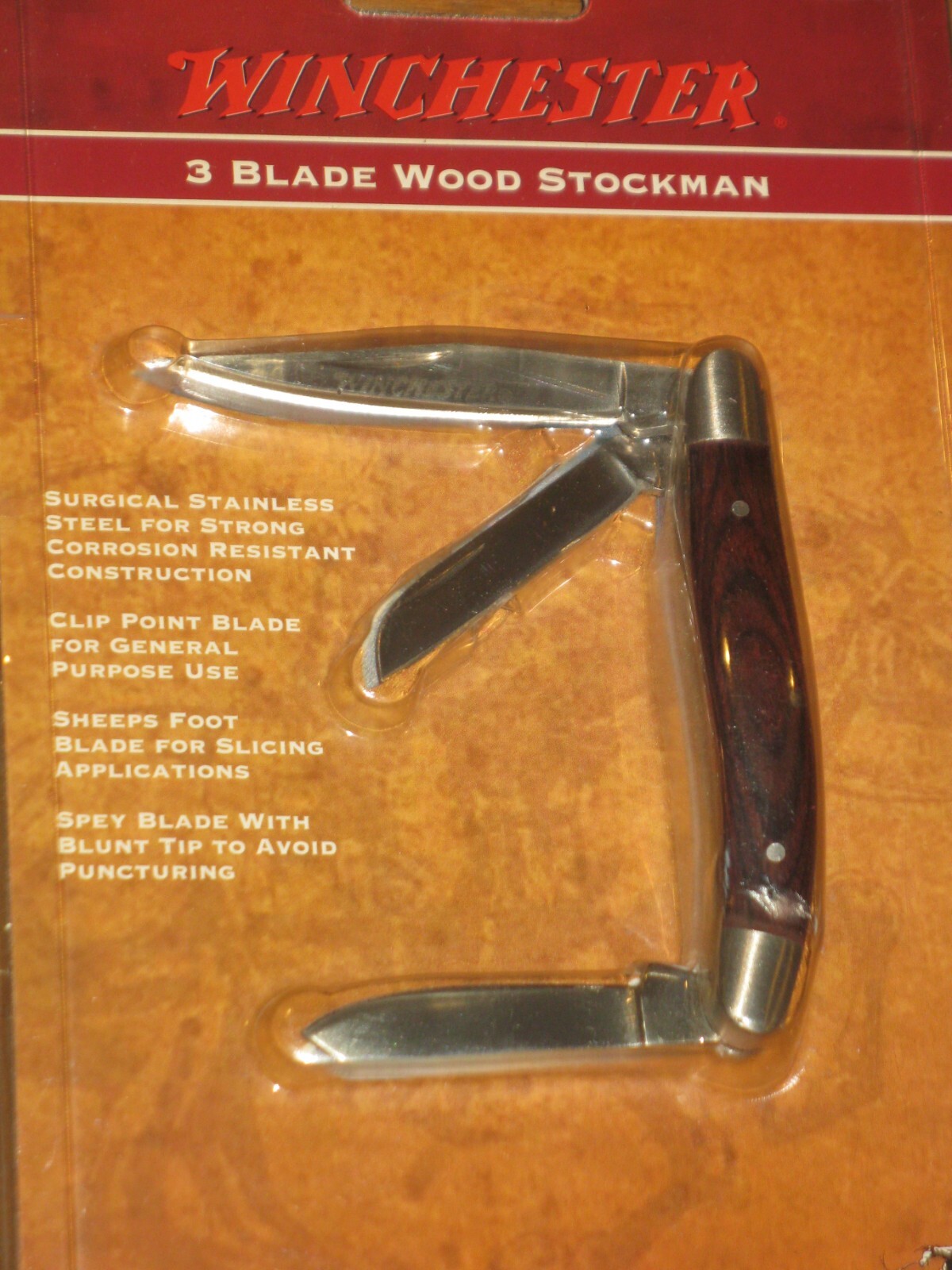 Winchester 3 Blade Stockman Folding Pocket Knife Genuine Wood Handle