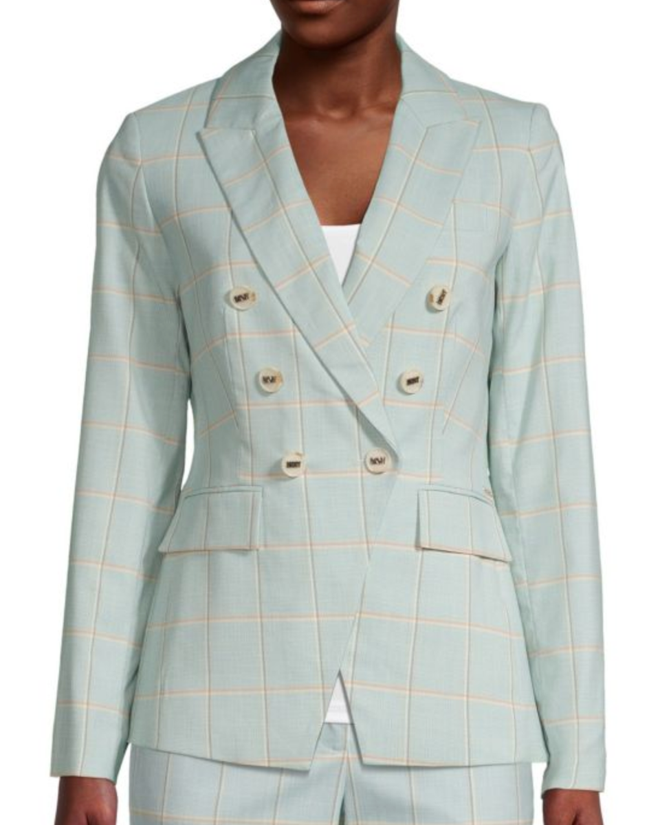 NEW DKNY PLAID DOUBLE BREASTED LOGO BUTTON BLAZER JACKET SIZE
