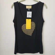 NWT $245 ST JOHN JEANS Gold Beads/Embellishments Heart Caviar Black Top/Shirt S