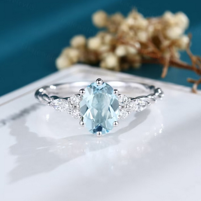 Oval Cut Diamond Ring With Aquamarine Accents 2Ct Engagement Ring