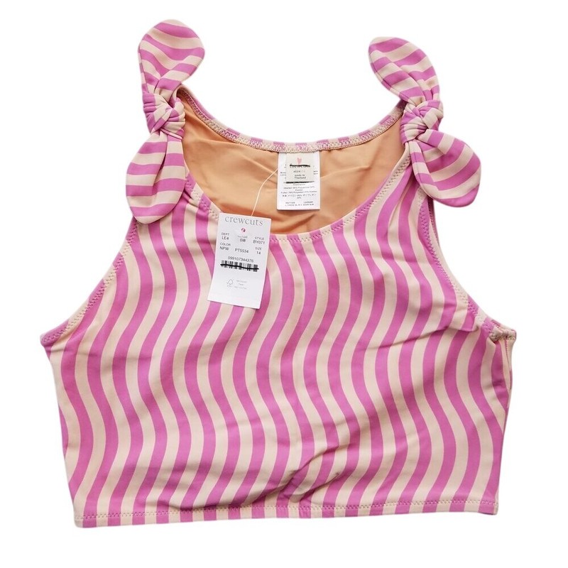 J. Crew Crewcuts Tie Shoulder Bikini Top Size 14 Pink Beige Stripe NWT BY071
