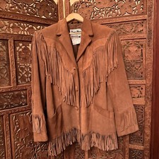 Vtg Women  s Pioneer Wear Leather Western Boho Jacket Fringe Sz 10 USA Made
