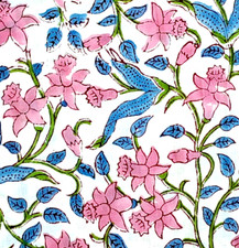 Indian By the Yard White Pink Blue Block Print Fabric for Sewing Dressmaking