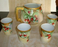 HAND PAINTED PICKARD "RHODES" BAVARIA LEMONADE CIDER SET PITCHER 4 MUGS CHERRIES