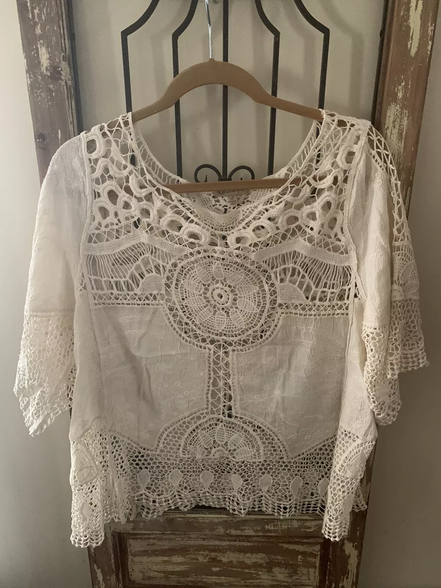 Democracy Crochet Top Off White Mesh Short Sleeve Size Small eBay