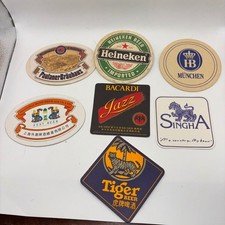 Vintage Beer Coaster Lot 7pc Heineken Paulaner HB Tiger Singha Bacardi Shanghai