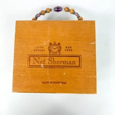 Vintage Nat Sherman 5th Avenue NY Wood Cigar Box Purse Handbag Beaded Handle