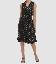 Tommy Hilfiger Women's Black Polka-Dot Collared V-Neck Self-Tie Dress Size 14