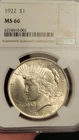 1922-P Peace Dollar   MS66  NGC