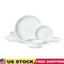Country Cottage White and Green Round 12-Piece Dinnerware Set Dinner Service