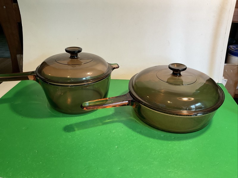Vintage Vision Ware Corning Pyrex Amber Glass Cookware 4 Piece Set 2.5L 10” Pan