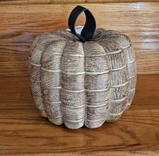 Hobby Lobby Fall Decor Rustic Pumpkin Wood Look Resin Faux Leather Stem NEW 7x5"