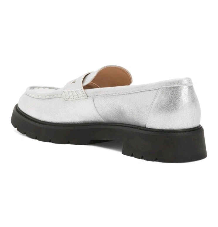 Mocasín Rebecca de cuero rebelde de lujo con punta redondeada en plata talla 7,5 M nuevo Foto 2 de 4