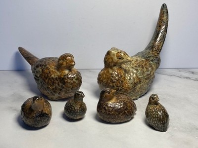 Quail & Pheasant Figurines Hand Painted Mottled Finish 6 Vintage Ceramic Birds