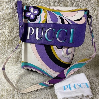 Emilio Pucci Crossbody Shoulder Bag Canvas Leather Big Logo Silver HW w Dust Bag