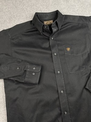 Ariat Mens M Shirt Black Twill Solid Western Classic Fit Logo Pocket Button Down