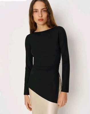 REFORMATION Margot Asymmetric Long-Sleeved Knit Top in Black Size Large