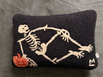 RARE Chandler 4 Corners Halloween Skeleton Hand Hooked Wool Throw Pillow 12 x 18