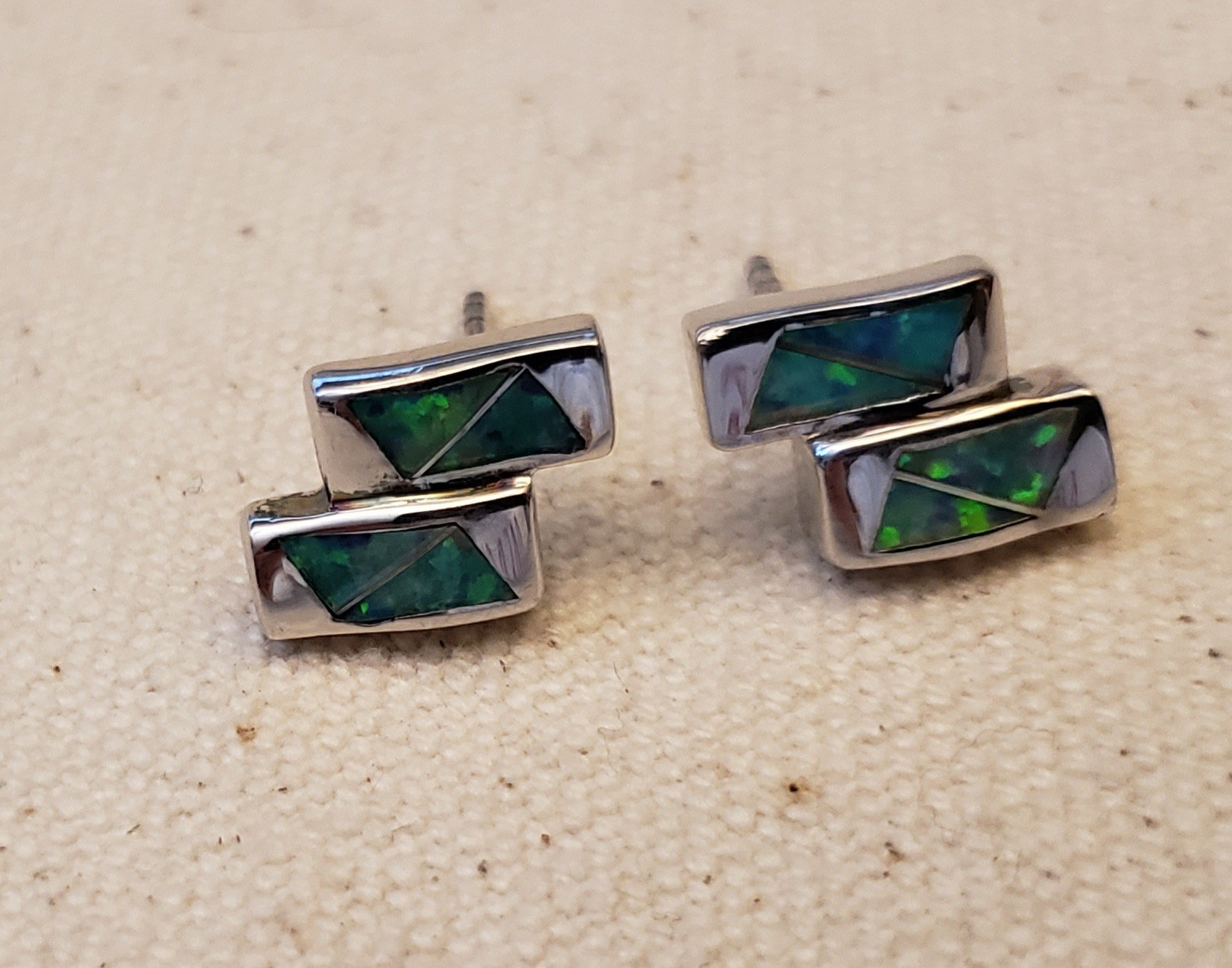 Sterling Silver Inlaid Opal rectangle stud earrin… - image 3
