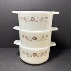 Vtg Pyr-O-Rey Dynaware Brown Daisy Milk Glass 4 1/4”  Casserole Dishes Set Of 3