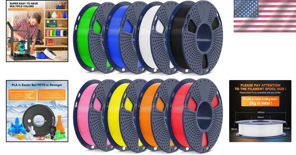 3D Printer Filament Bundle, 8 Colors, 1.75mm PETG, 2kg Total - Image 2 of 4