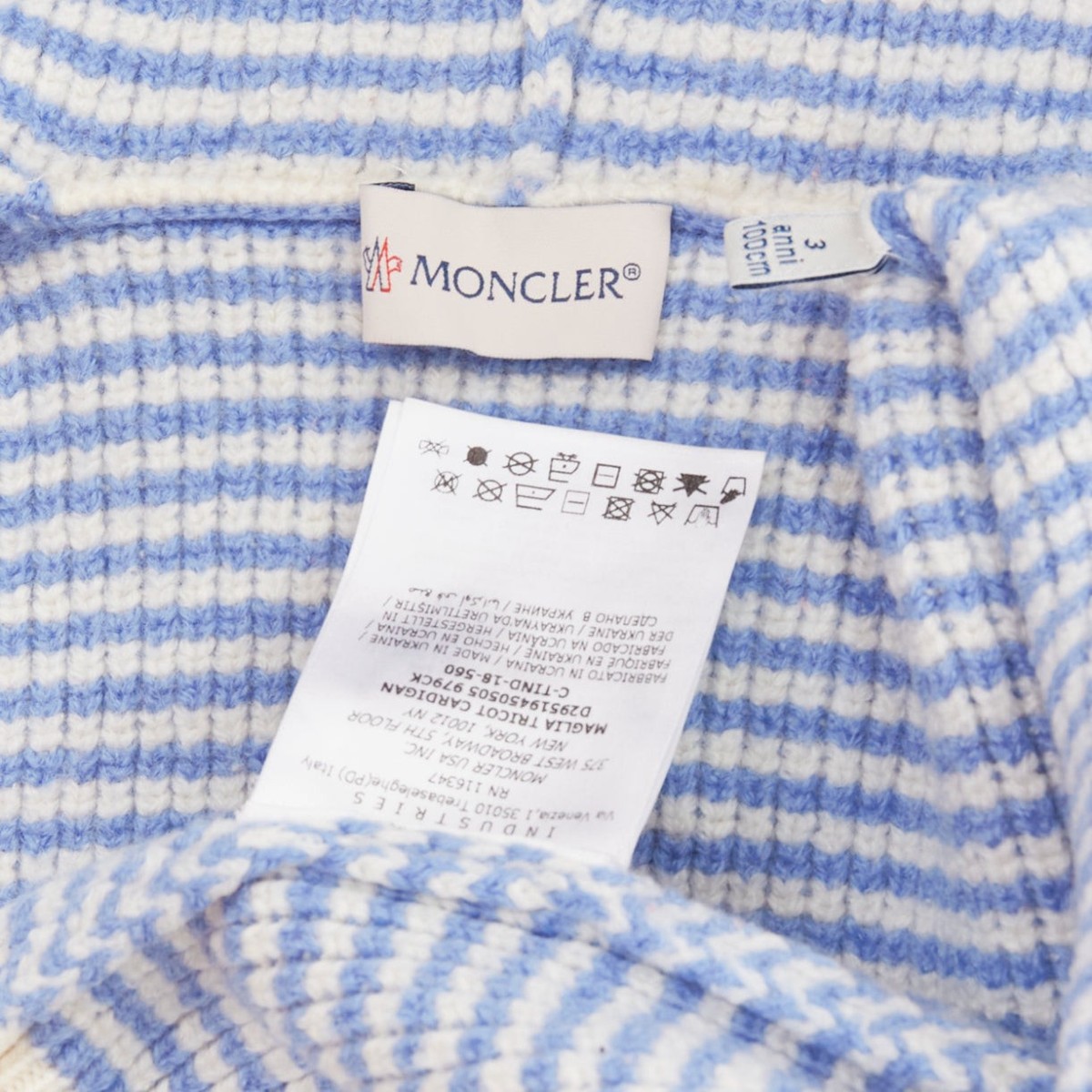 MONCLER ENFANT KIDS blue cream striped knit wool hooded ear cardigan sweater 3Y View 5