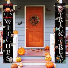Halloween Porch Banners Trick or Treat Its October Witches Outdoor Door Sign 2pc