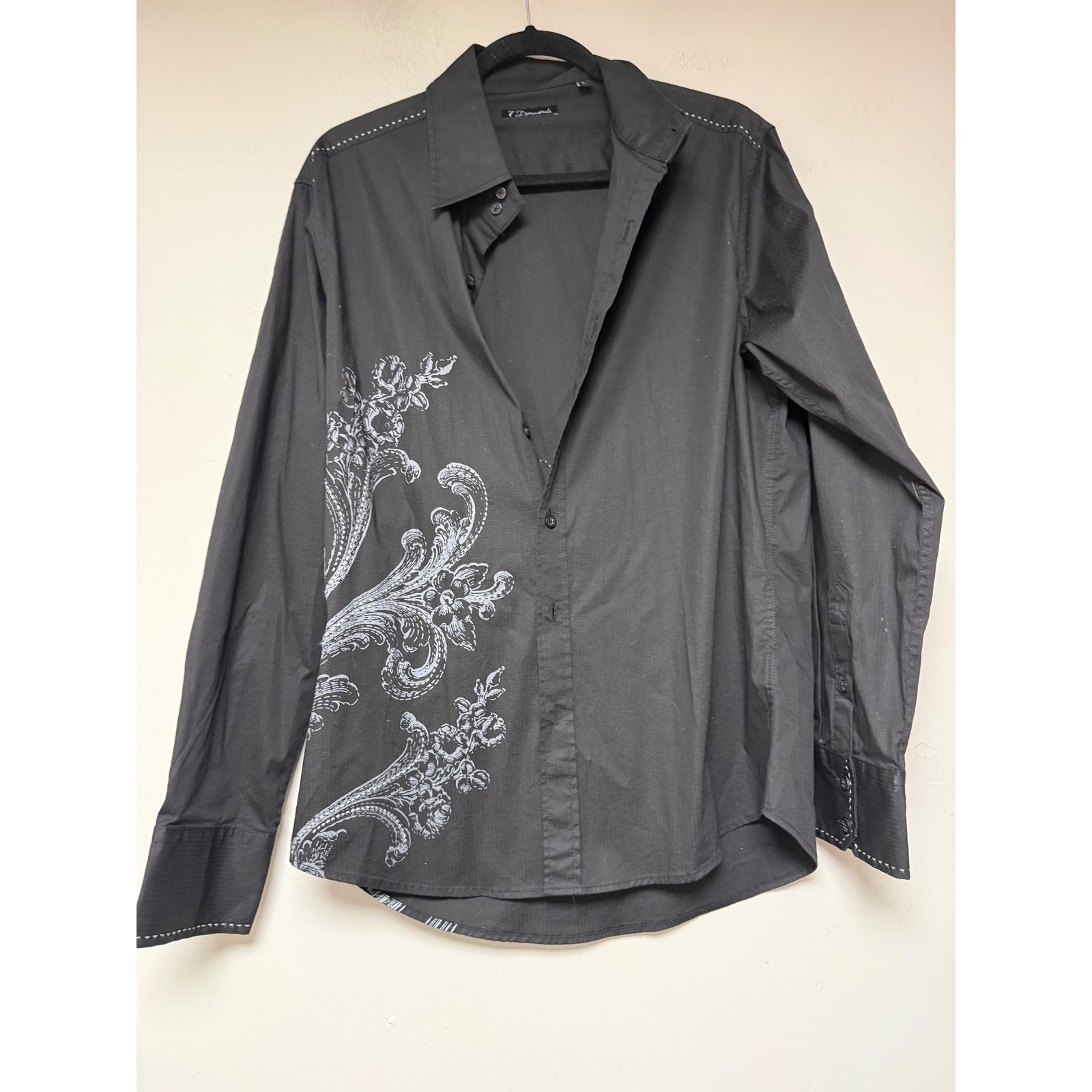 7 Diamonds Mens Black Long Sleeve Button Down Shirt Embroidered Paisley Size L