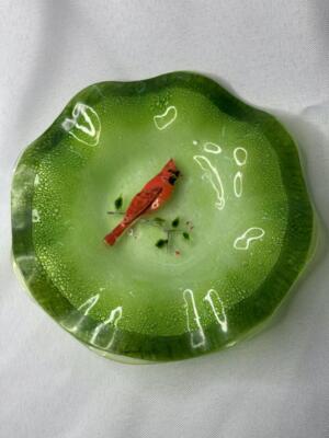 Green Bubble Art Glass Ruffled Edge Two Layer with Cardinal Trinket Dish 6 1/2''