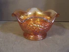 VTG IMPERIAL GRAPES MARIGOLD CARNIVAL GLASS  CRIMPED RUFFLED CONDIMENT  BOWL