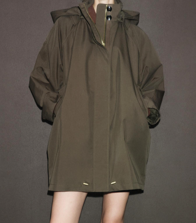 Zara Water-Repellent Hooded Trench Coat Dark Khaki Green XS