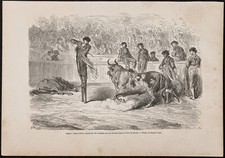 1867 - Corrida à échasses & taureau - Séville - Gravure ancienne - Espagne