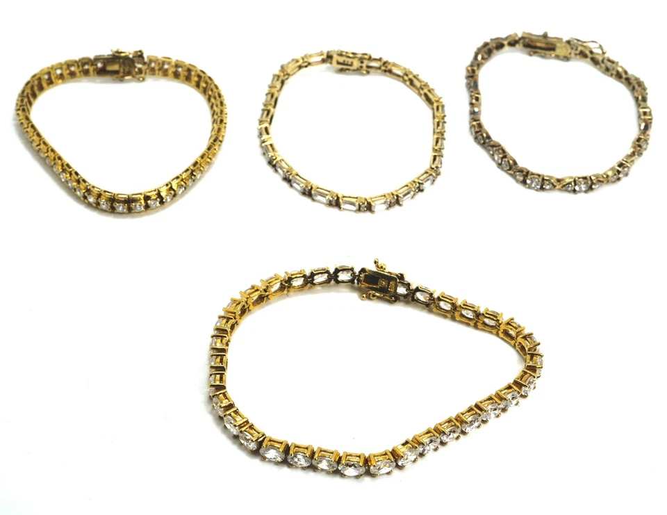 Lote de 4 pulseras de eslabones de circonita cúbica transparente de plata de ley Vermeil Foto 2 de 4