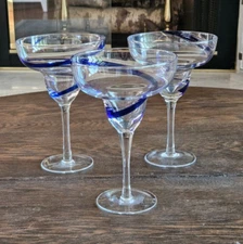 Pier 1 Set of 3 Blue Swirl Margarita Glass 7.25" Tall ~ Holds 14oz ~ Cocktail