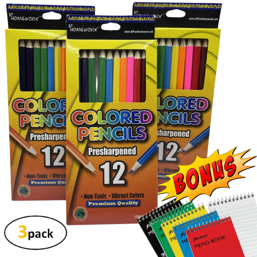 Colored Pencils 3 Packs of 12 A+ Homework Presharpened Non-toxic Vibrant w/BONUS-image