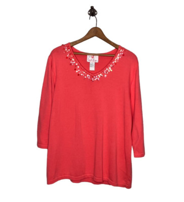 Quacker Factory Large L Coral Sequin Embellished Cotton Knit Pullover Sweater