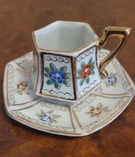 Small Mini Footed Tea Cup and Saucer Set- Hand Painted Floral Design- Hexagon